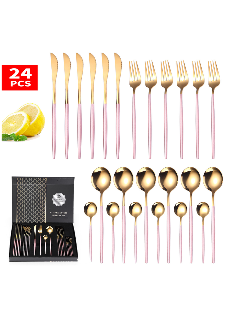 Set tacamuri portugheze, din inox 24 piese, cu suport, roz-gold, 3575, trendysanitary.ro