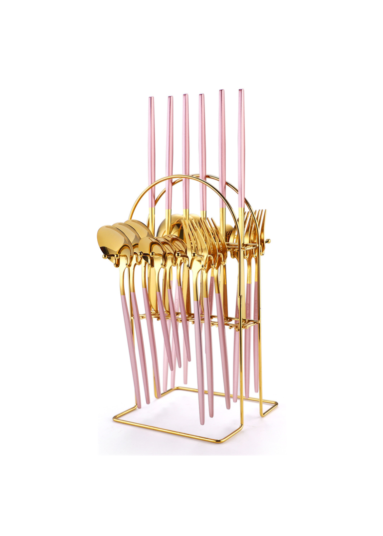 Set tacamuri portugheze, din inox 24 piese, cu suport, roz-gold, 1191, trendysanitary.ro