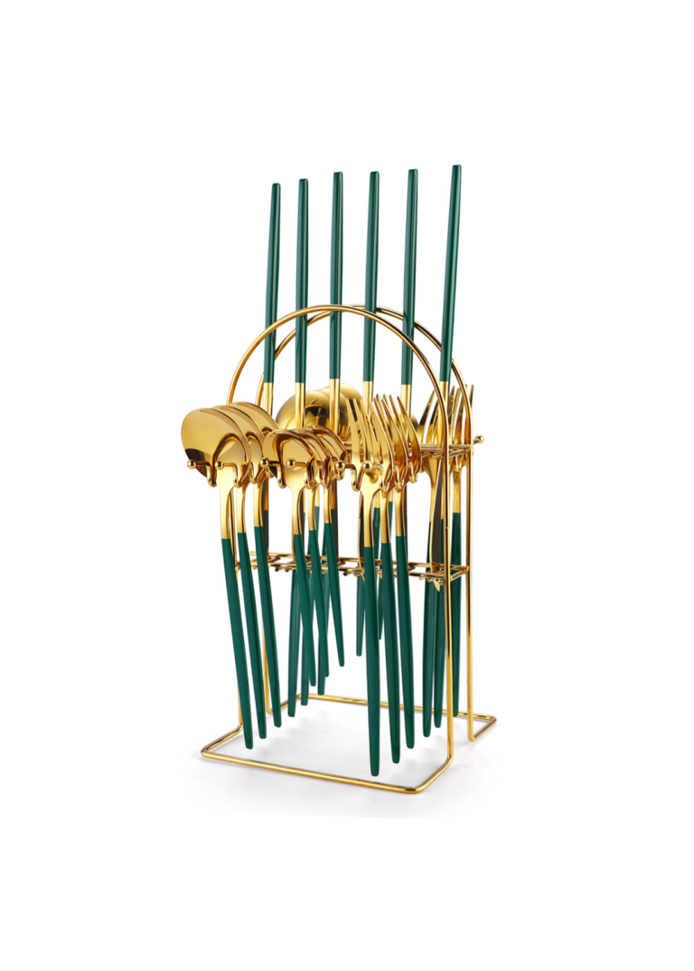 Set tacamuri portugheze, din inox 24 piese, cu suport, verde-gold, 3761, trendysanitary.ro