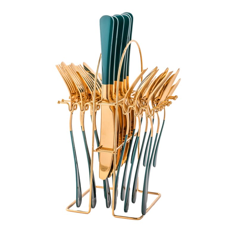 Set tacamuri stainless stell, 24 piese, cu suport, verde-gold, 2640, trendysanitary.ro