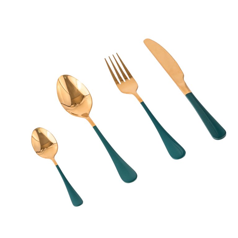 Set tacamuri stainless stell, 24 piese, cu suport, verde-gold, 8278, trendysanitary.ro