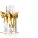 Set tacamuri stainless stell,24 piese, cu suport, alb-gold, 4401, trendysanitary.ro