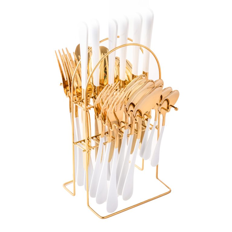 Set tacamuri stainless stell,24 piese, cu suport, alb-gold, 4144, trendysanitary.ro
