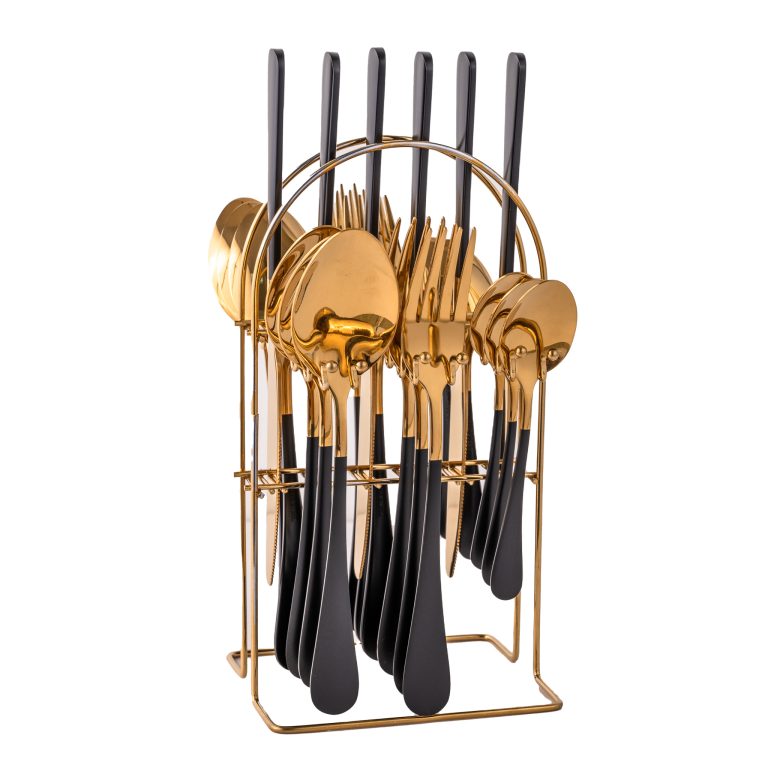 Set tacamuri stainless stell,24 piese, cu suport, black-gold, 5297, trendysanitary.ro