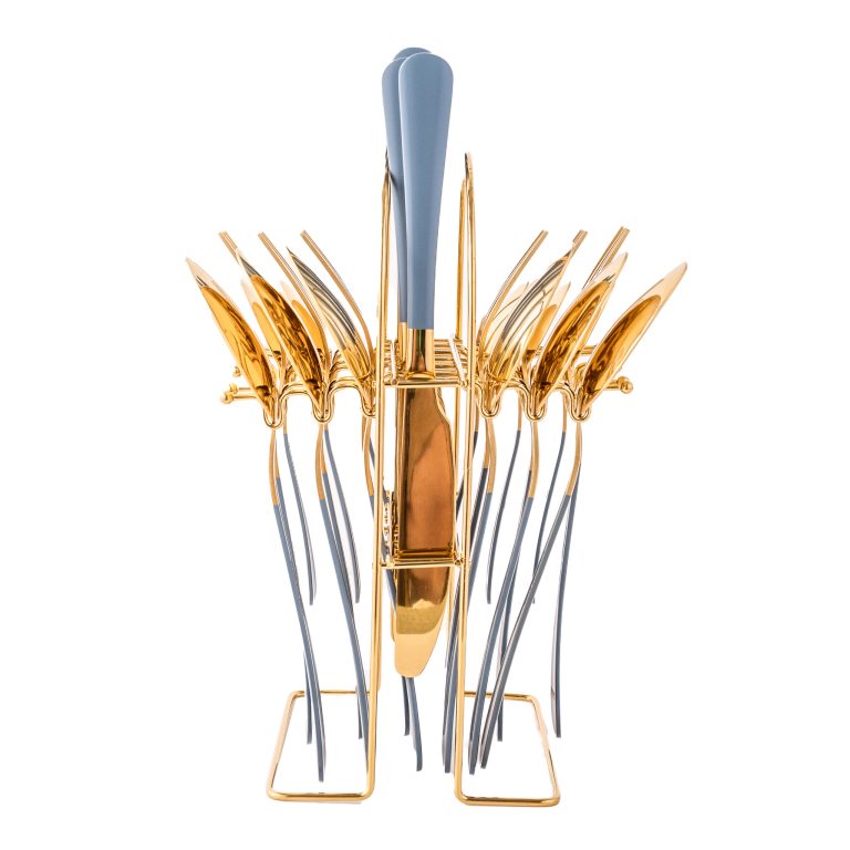 Set tacamuri stainless stell,24 piese, cu suport, gri-gold, 8144, trendysanitary.ro