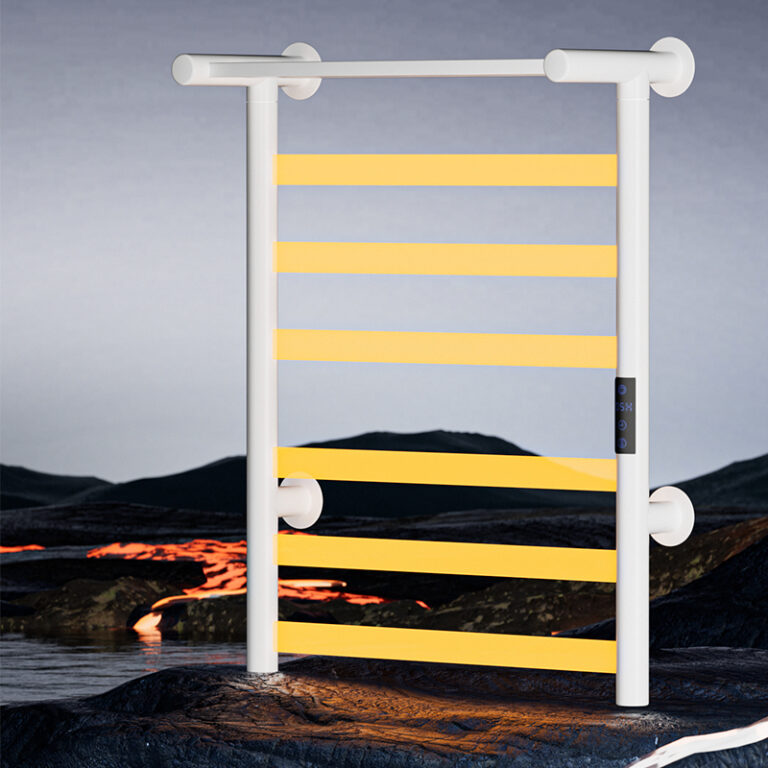 Port-prosop electric TRENDYS, 50 x 75 cm, digital, alb mat, cu 5 brațe și etajeră pentru depozitare prosoape, 7629, trendysanitary.ro