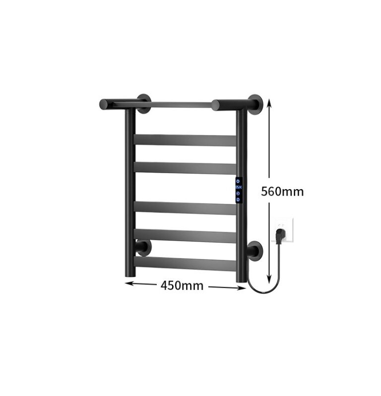 Port-prosop electric TRENDYS, 45 x 52 cm, digital, negru mat,cu 5 brațe și etajeră pentru depozitare prosoape, 6994, trendysanitary.ro