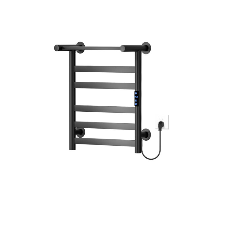 Port-prosop electric TRENDYS, 50 x 75 cm, digital, negru mat, cu 5 brațe și etajeră pentru depozitare prosoape, 300, trendysanitary.ro