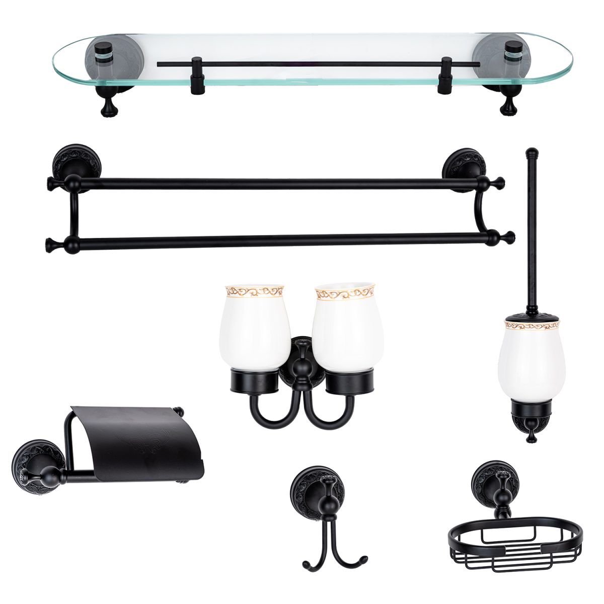 Set Accesorii Baie Premium din Alamă – Design Vintage Negru Mat & Ceramică Albă, 788, trendysanitary.ro