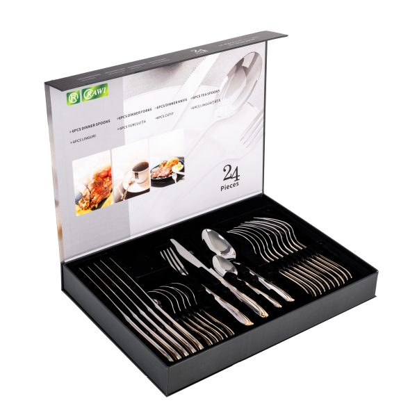 Set Tacâmuri 24 Piese RAWI din Inox – Design Elegant cu Detalii Aurii, 3067, trendysanitary.ro