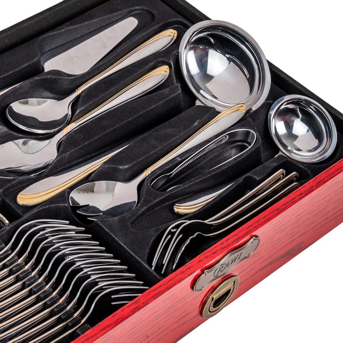 Set Tacâmuri RAWI 84 Piese din Inox, Cutie Elegantă din Lemn Roșu, 3019, trendysanitary.ro
