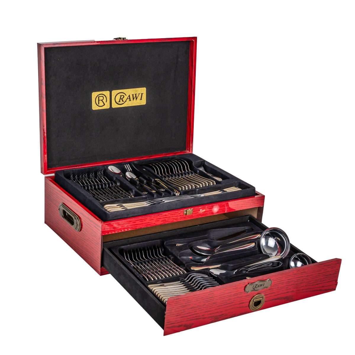 Set Tacâmuri RAWI 84 Piese din Inox, Cutie Elegantă din Lemn Roșu, 5525, trendysanitary.ro