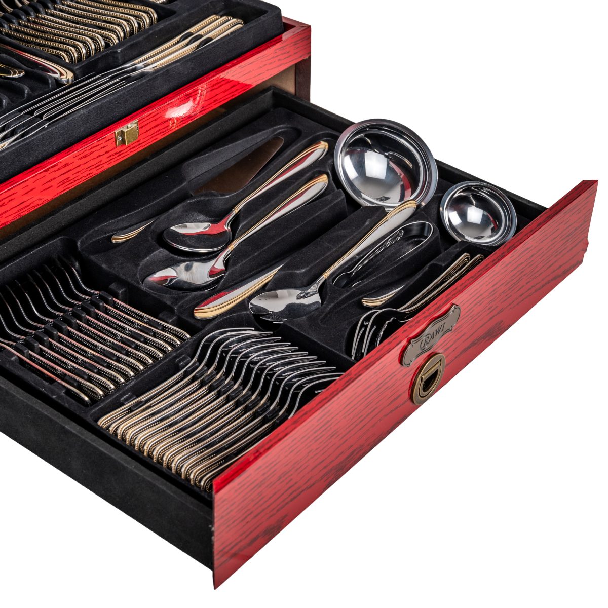 Set Tacâmuri RAWI 84 Piese din Inox, Cutie Elegantă din Lemn Roșu, 6986, trendysanitary.ro