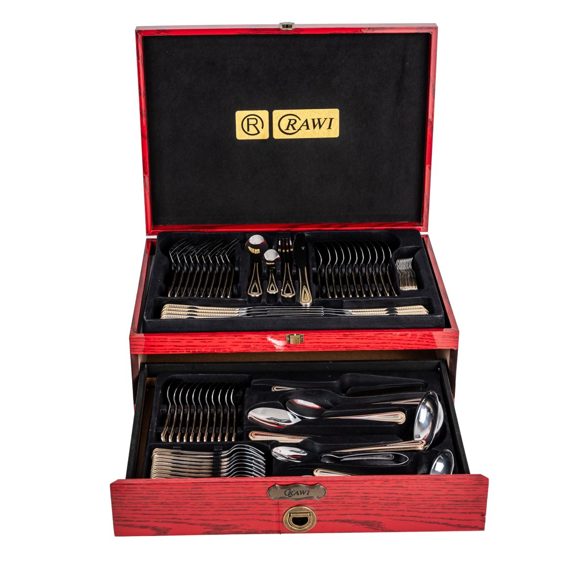 Set Tacâmuri RAWI 84 Piese din Inox – Eleganță Clasică într-o Cutie de Lemn Luxoasă, 7214, trendysanitary.ro