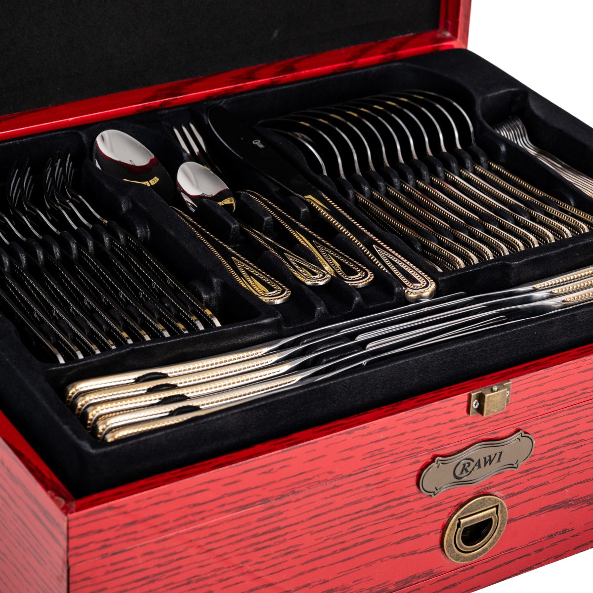 Set Tacâmuri RAWI 84 Piese din Inox – Eleganță Clasică într-o Cutie de Lemn Luxoasă, 9477, trendysanitary.ro