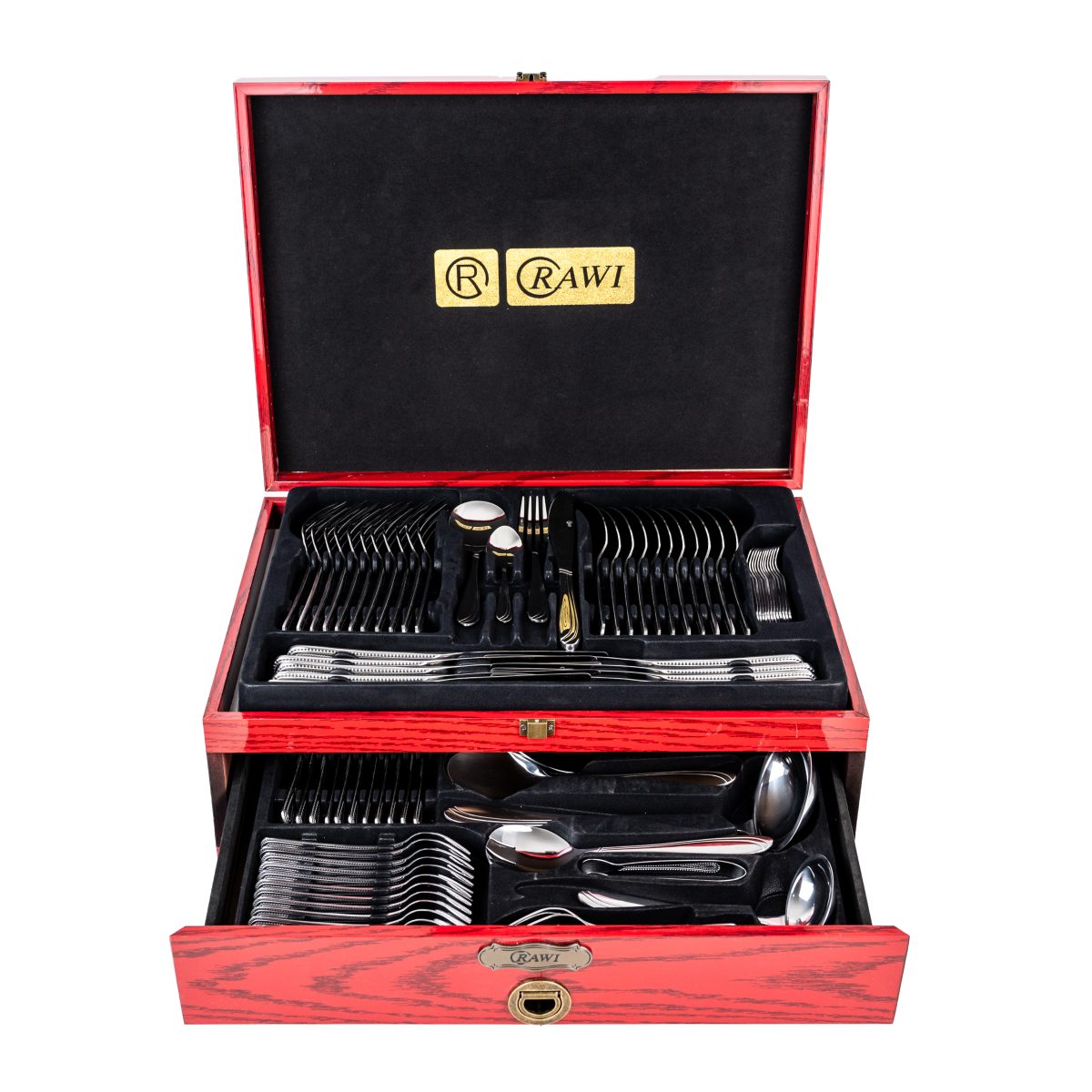 Set Tacâmuri RAWI 84 Piese – Inox Premium cu Suport Tip Cutie de Lemn Roșie, 838, trendysanitary.ro