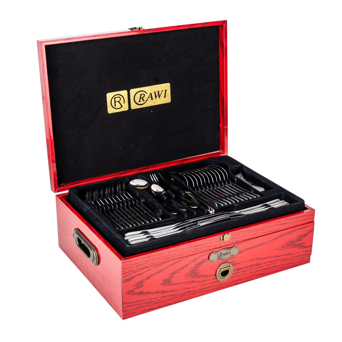 Set Tacâmuri RAWI 84 Piese – Inox Premium cu Suport Tip Cutie de Lemn Roșie, 6736, trendysanitary.ro