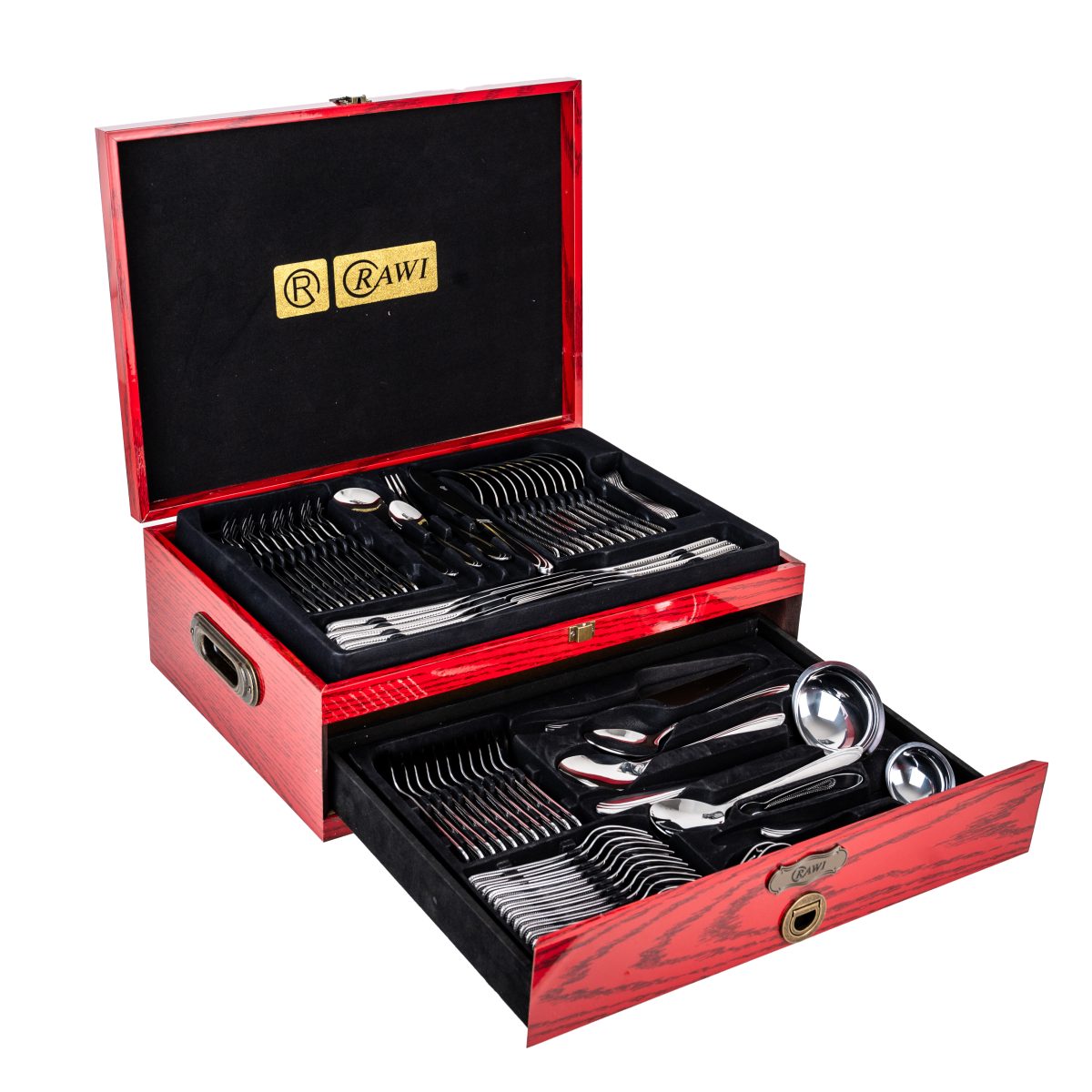Set Tacâmuri RAWI 84 Piese – Inox Premium cu Suport Tip Cutie de Lemn Roșie, 3076, trendysanitary.ro