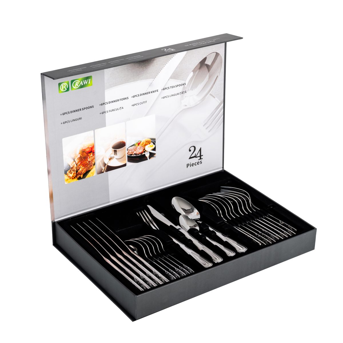 Set tacâmuri RAWI din inox 24 piese – Model Elegant cu detalii argintii, 3908, trendysanitary.ro