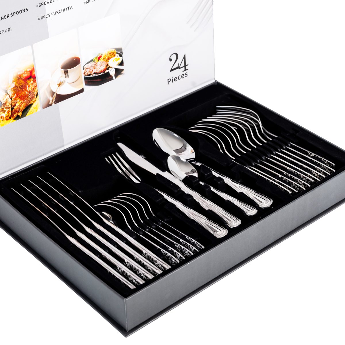Set tacâmuri RAWI din inox 24 piese – Model Elegant cu detalii argintii, 9938, trendysanitary.ro