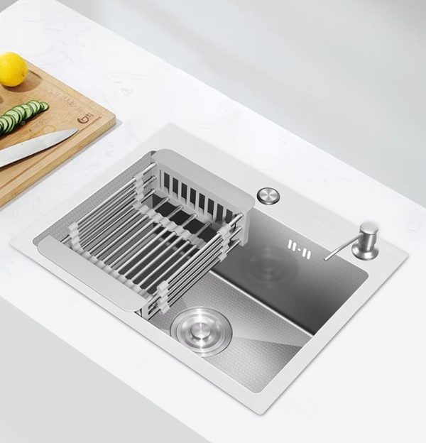 Chiuvetă Bucătărie Inox SUS304 Argintiu 60×45 cm – Model Fagure, Coș de Scurgere, Dispenser Săpun și Sifon Inclus, 8740, trendysanitary.ro