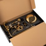 Set coloană de duș TRENDY’S cu 2 funcții + baterie lavoar dublă comandă, finisaj auriu (gold), montaj pe perete, 3706, trendysanitary.ro