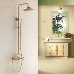 Set coloană de duș TRENDY’S cu 2 funcții + baterie lavoar dublă comandă, finisaj auriu (gold), montaj pe perete, 7382, trendysanitary.ro
