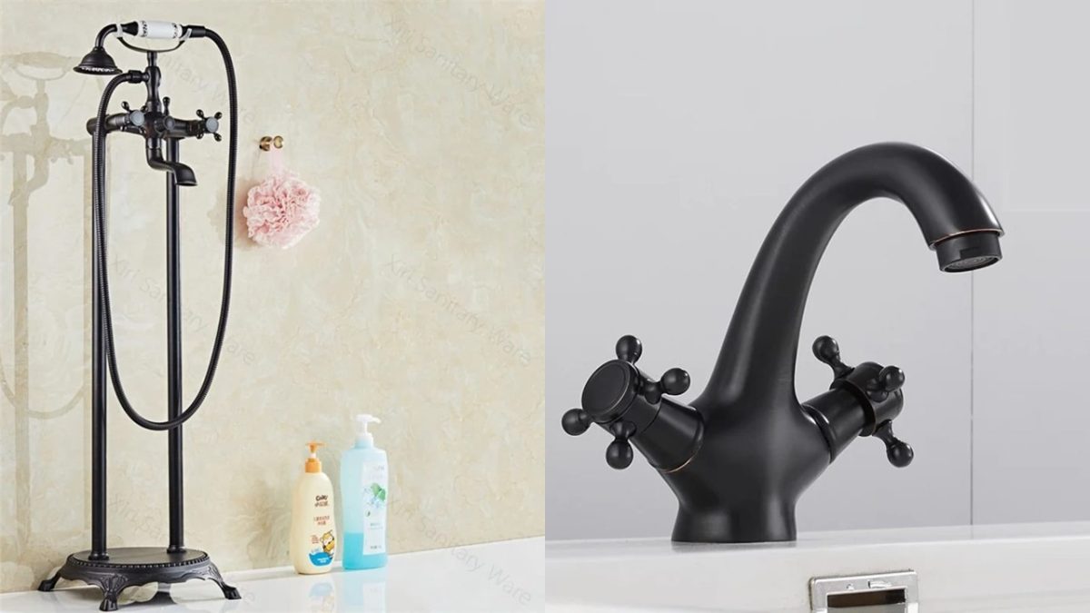 Set Baterii Baie – Baterie Cadă Freestanding Dublă Comandă Negru Mat + Baterie Lavoar Negru Mat, 775, trendysanitary.ro