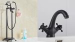 Set Baterii Baie – Baterie Cadă Freestanding Dublă Comandă Negru Mat + Baterie Lavoar Negru Mat, 9222, trendysanitary.ro