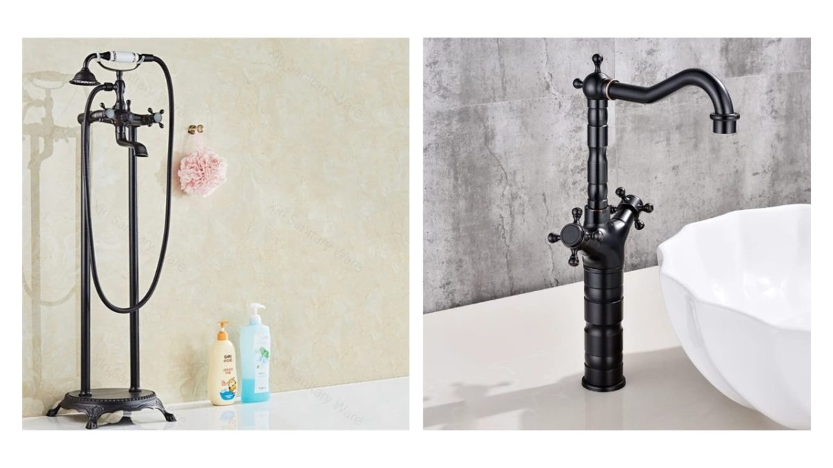 Set Baterii Baie – Baterie Cadă Freestanding Dublă Comandă Negru Mat + Baterie Lavoar Pe Blat Dublă Comandă, 3461, trendysanitary.ro