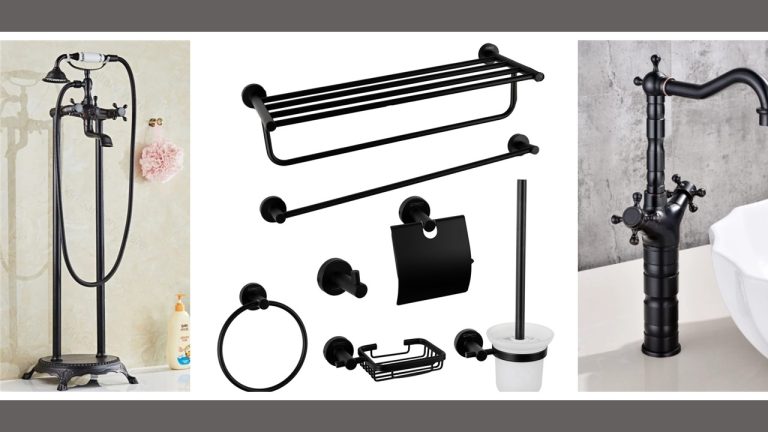 Seturi baie – baterii si chiuvete, Set Baie Complet TRENDY’S – Baterie Cadă Freestanding + Baterie Lavoar Pe Blat + Set 7 Accesorii Negru Mat, trendysanitary.ro
