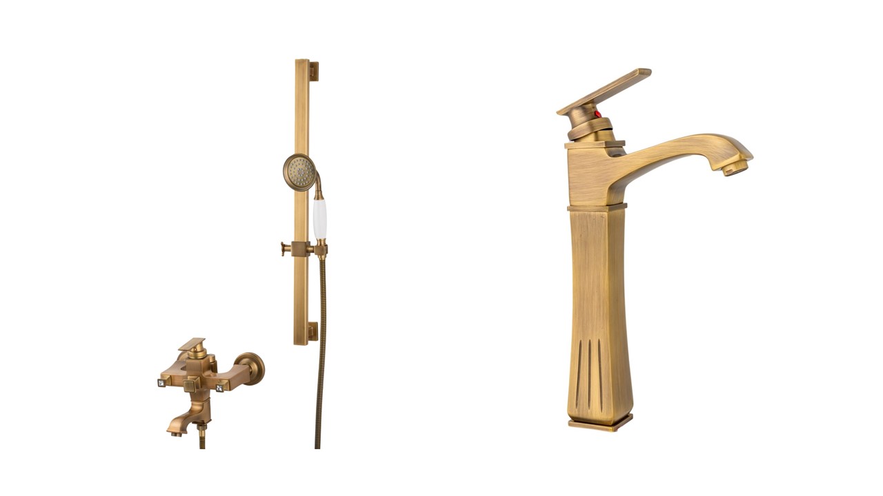 Uscatoare de maini, Set baterii baie bronz antichizat – baterie cadă cu set duș + baterie lavoar montaj pe blat, trendysanitary.ro