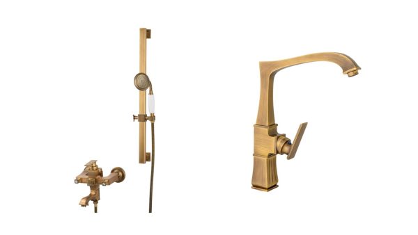 Set baterii baie bronz antichizat – baterie cadă cu set duș + baterie lavoar montaj pe blat, 452, trendysanitary.ro