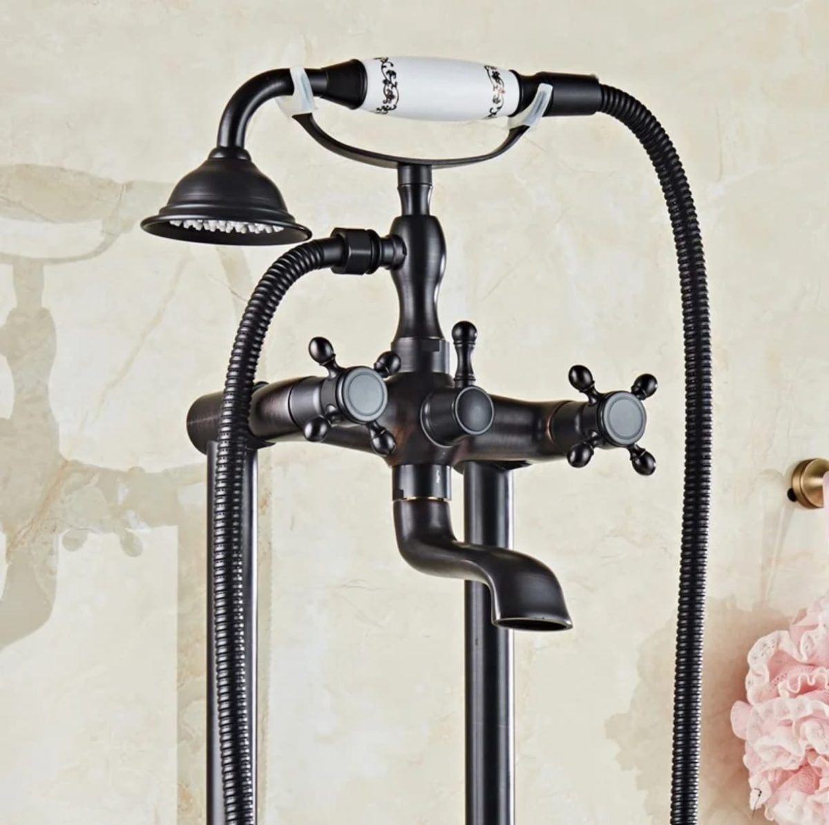 Set Baterii Baie – Baterie Cadă Freestanding Dublă Comandă Negru Mat + Baterie Lavoar Pe Blat Dublă Comandă, 1921, trendysanitary.ro