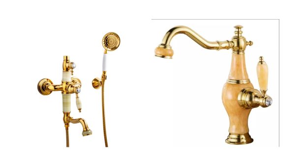 Set Baterii Baie 2 Piese TRENDY’S – Jade Rose-Gold | Cadă montaj pe perete + Lavoar montaj pe blat, 2199, trendysanitary.ro