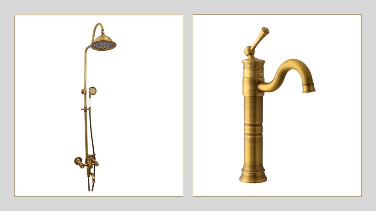 Set coloană duș TRENDY’S 3 funcții + baterie lavoar pe blat, finisaj bronz antichizat, 3979, trendysanitary.ro