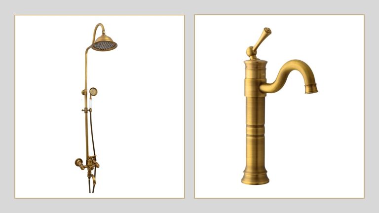 Seturi baie – baterii si chiuvete, Set coloană duș TRENDY’S 3 funcții + baterie lavoar pe blat, finisaj bronz antichizat, trendysanitary.ro