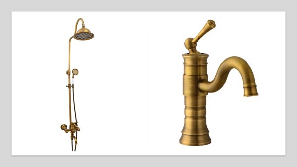 Set coloană duș TRENDY’S, 3 funcții + baterie lavoar montaj chiuvetă baie, bronz antichizat, 2007, trendysanitary.ro