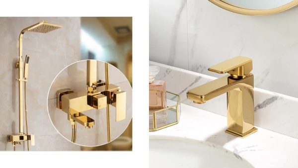 Set coloană de duș TRENDY’S – 4 funcții + duș bideu, auriu + Baterie lavoar TRENDY’S montare pe lavoar, gold, 627, trendysanitary.ro