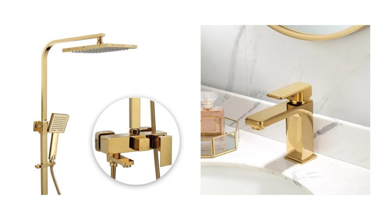 Set coloană de duș TRENDY’S – 4 funcții + duș bideu, auriu + Baterie lavoar TRENDY’S montare pe lavoar, gold, 266, trendysanitary.ro