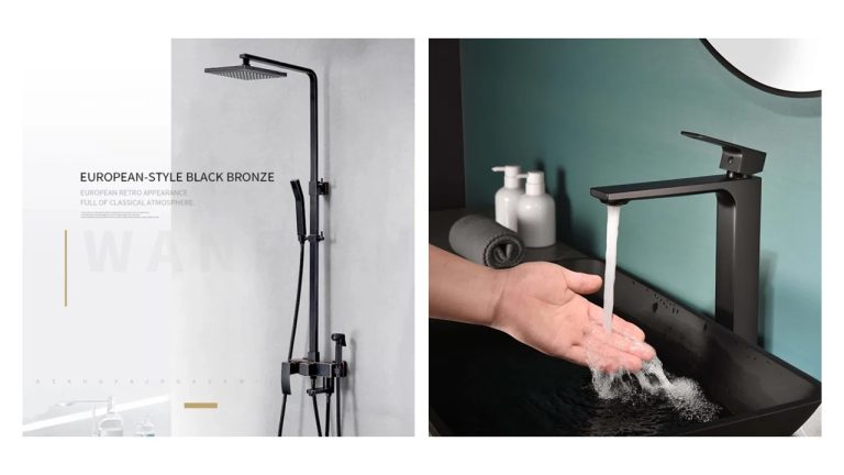 Set coloană de duș TRENDY’S – 4 funcții + duș bideu, negru mat + Baterie lavoar TRENDY’S montare pe lavoar, negru mat, 3962, trendysanitary.ro