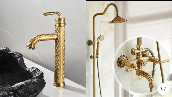 Set coloană de duș TRENDY’S – 3 funcții, bronz antichizat cu detalii brodate + Baterie lavoar TRENDY’S, montare pe blat, bronz antichizat, 9019, trendysanitary.ro