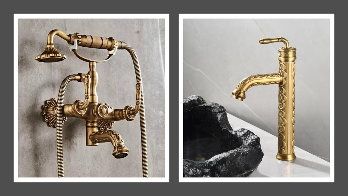Set baterii baie bronz antichizat TRENDY’S – model cu broderie (cadă + lavoar montare pe blat), 8696, trendysanitary.ro