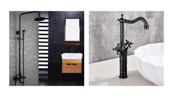 Set coloană de duș cu 3 funcții TRENDY’S + baterie lavoar pe blat, negru mat, 8180, trendysanitary.ro