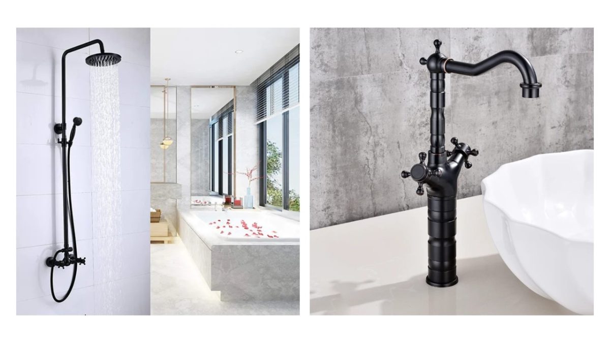 Set coloană de duș cu 2 funcții TRENDY’S + baterie lavoar pe blat, finisaj negru antichizat, 323, trendysanitary.ro