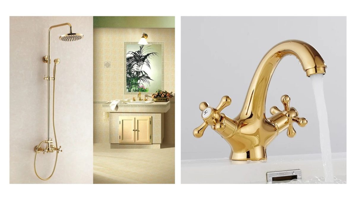 Set coloană de duș TRENDY’S cu 2 funcții + baterie lavoar dublă comandă, finisaj auriu (gold), montaj pe perete, 7912, trendysanitary.ro