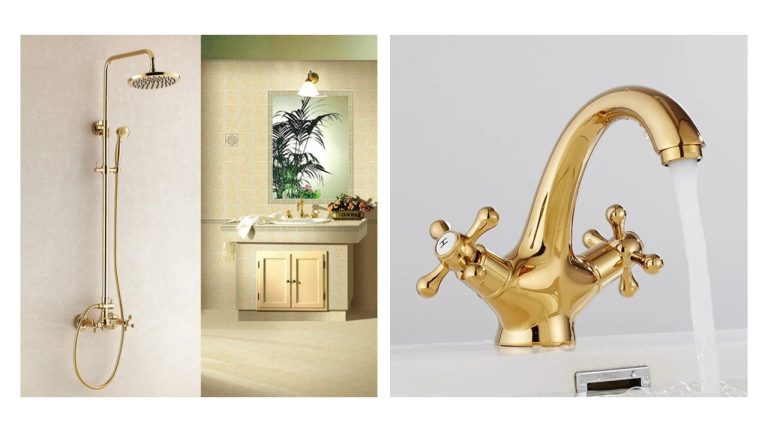 Seturi baie – baterii si chiuvete, Set coloană de duș TRENDY’S cu 2 funcții + baterie lavoar dublă comandă, finisaj auriu (gold), montaj pe perete, trendysanitary.ro