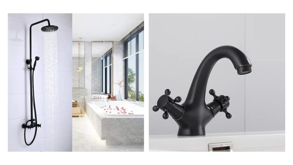 Set coloană de duș TRENDY’S cu 2 funcții + baterie lavoar, montaj pe perete, finisaj negru antichizat, 5385, trendysanitary.ro