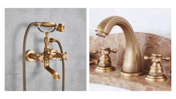 Set baterii baie bronz antichizat: baterie cadă perete + baterie lavoar 3 căi, montaj pe chiuvetă, 4850, trendysanitary.ro