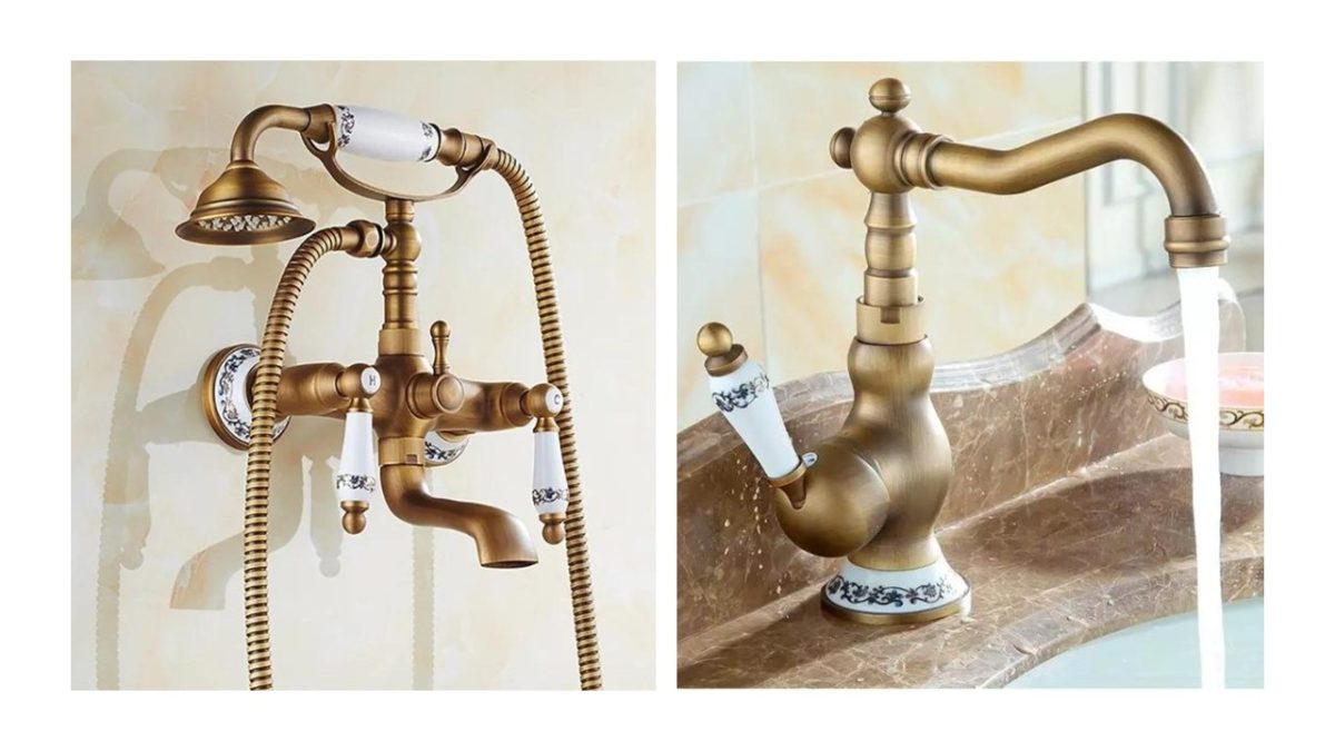 Set baterii baie TRENDY’S baterie cadă perete monocomandă + baterie lavoar medie, bronz antichizat cu broderie ceramică, 1399, trendysanitary.ro